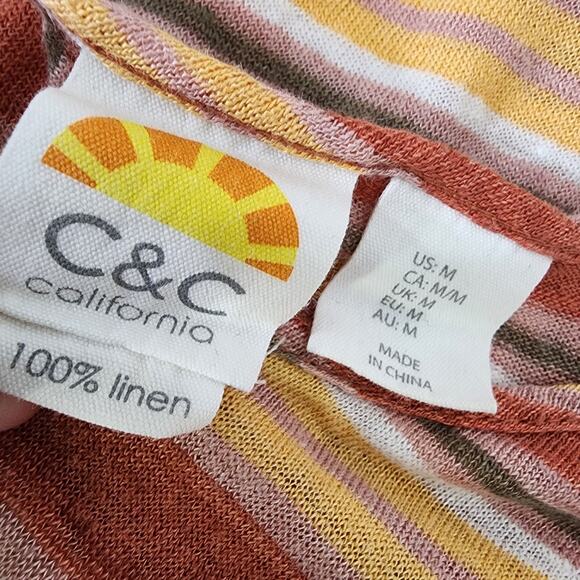 C & C California Womens T Shirt Medium Striped Cropped Linen Orange Yellow Beach - Picture 6 of 7
